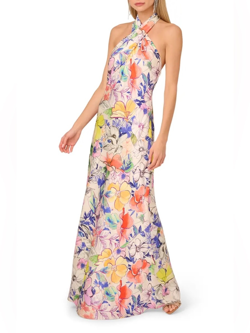 Adrianna Pappel Floral Print Satin Halter Gown